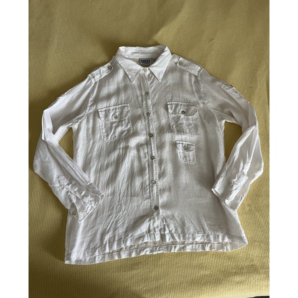 Chico's 100% Linen white Safari Utility Pockets Button-Up Size Large (2)